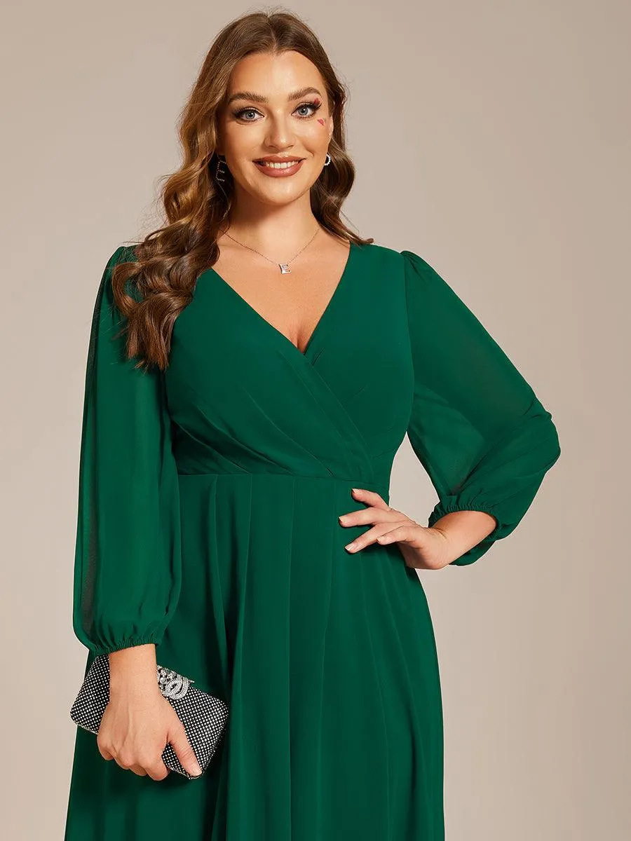 Grande Taille Robe invité de mariage mi-longue manches longues ourlet asymétrique