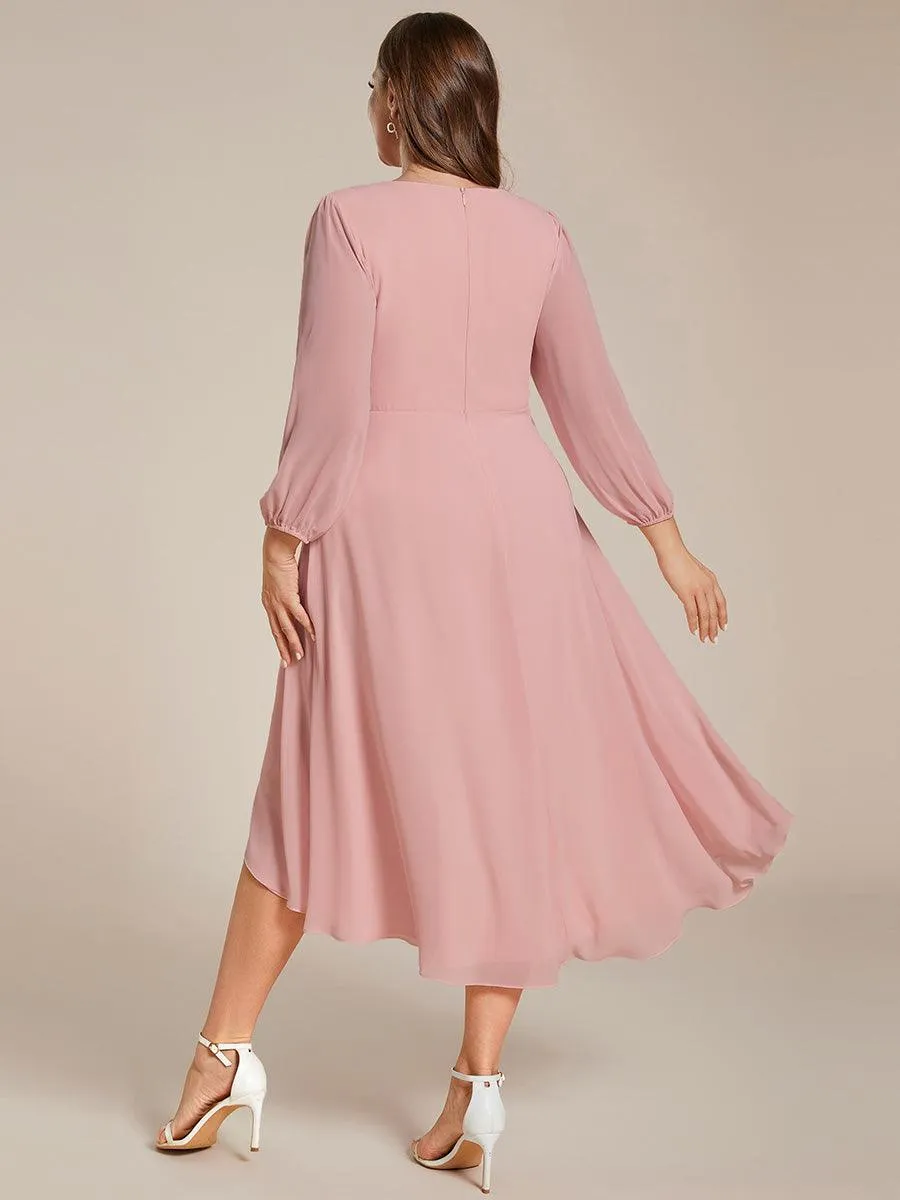 Grande Taille Robe invité de mariage mi-longue manches longues ourlet asymétrique