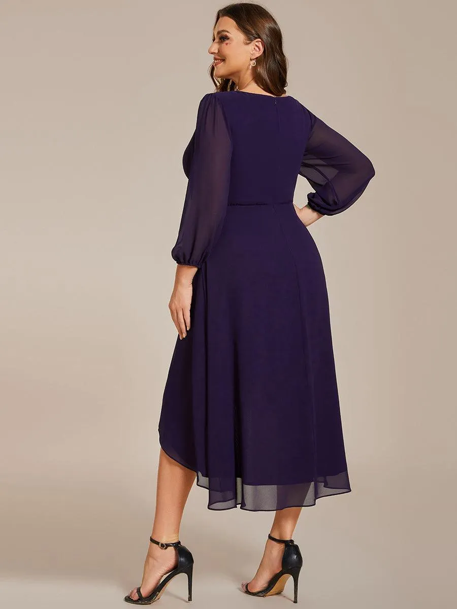 Grande Taille Robe invité de mariage mi-longue manches longues ourlet asymétrique