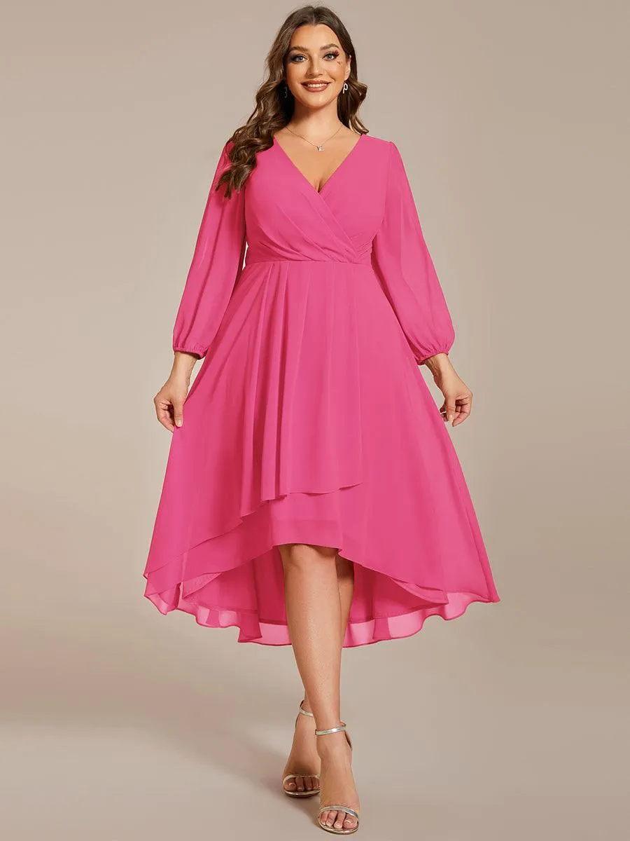 Grande Taille Robe invité de mariage mi-longue manches longues ourlet asymétrique