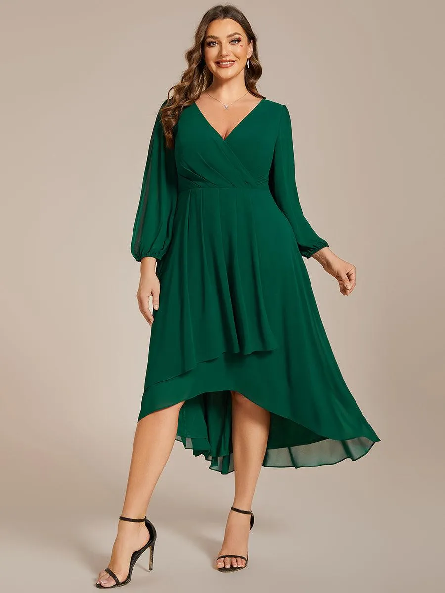 Grande Taille Robe invité de mariage mi-longue manches longues ourlet asymétrique