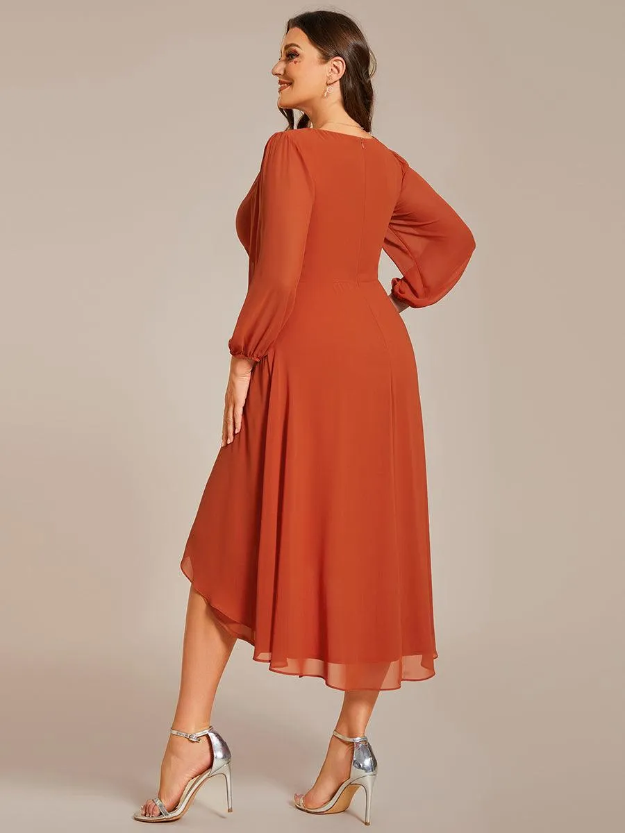 Grande Taille Robe invité de mariage mi-longue manches longues ourlet asymétrique