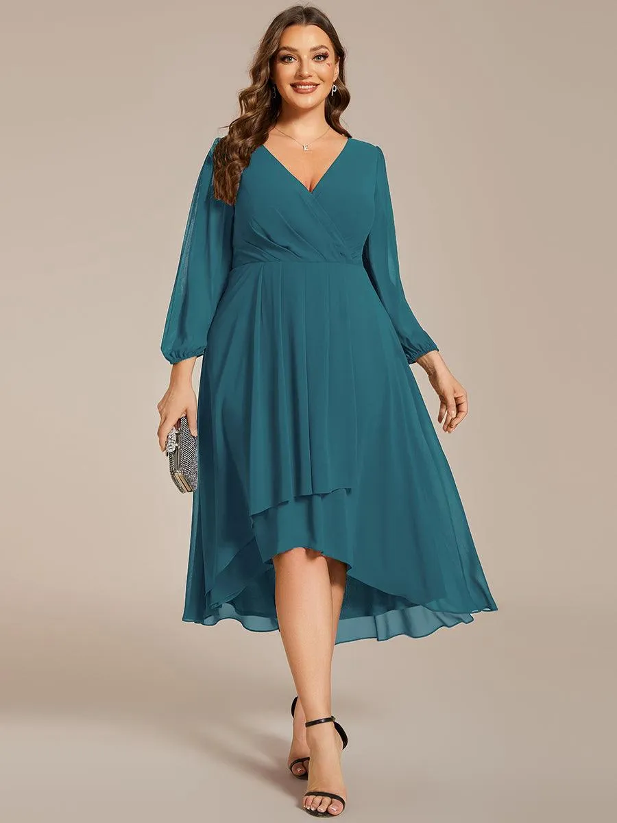 Grande Taille Robe invité de mariage mi-longue manches longues ourlet asymétrique