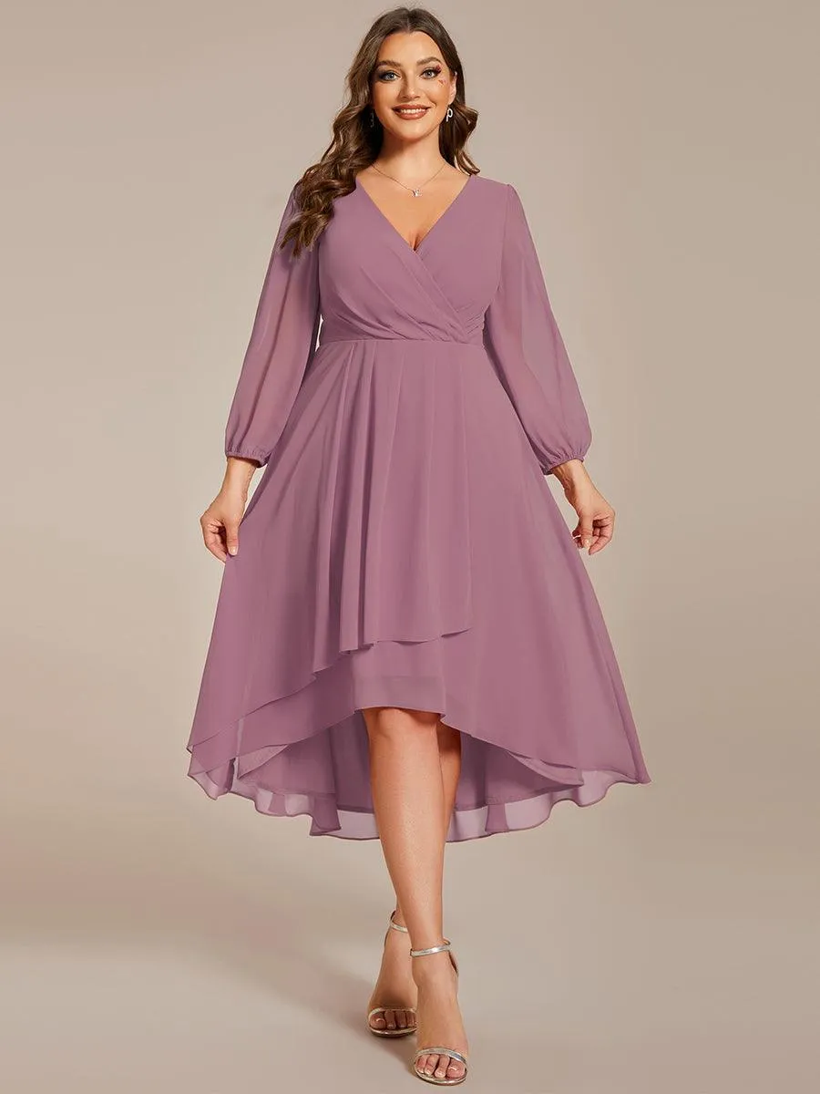 Grande Taille Robe invité de mariage mi-longue manches longues ourlet asymétrique