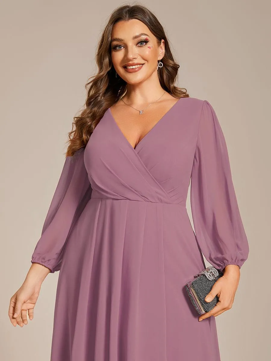 Grande Taille Robe invité de mariage mi-longue manches longues ourlet asymétrique