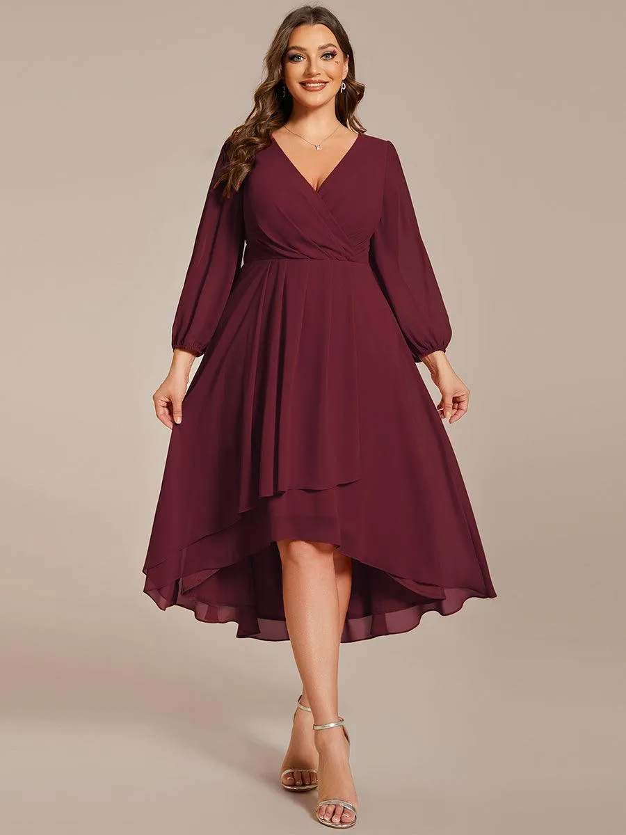 Grande Taille Robe invité de mariage mi-longue manches longues ourlet asymétrique