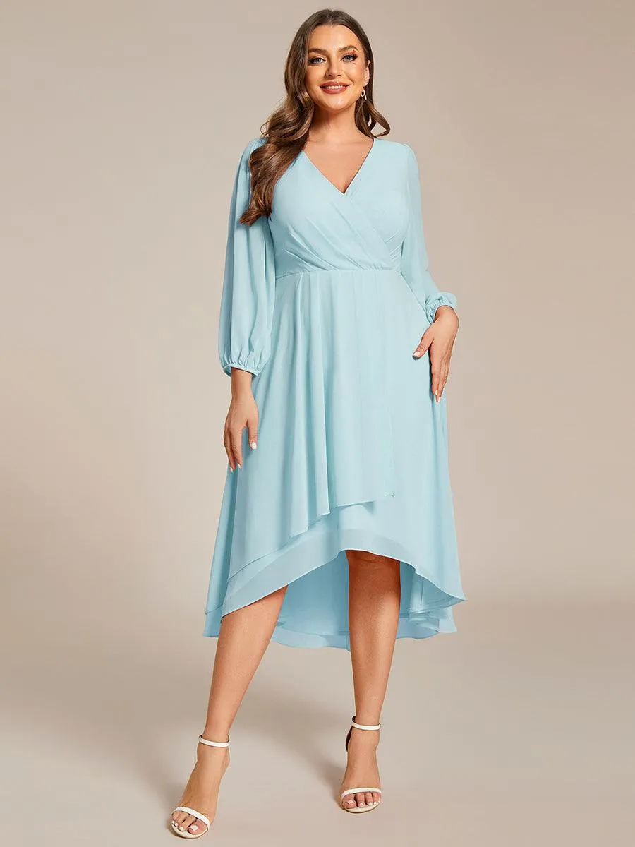Grande Taille Robe invité de mariage mi-longue manches longues ourlet asymétrique