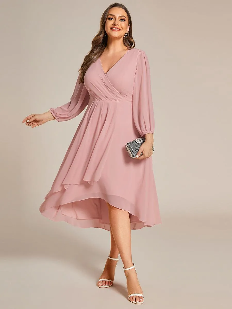 Grande Taille Robe invité de mariage mi-longue manches longues ourlet asymétrique