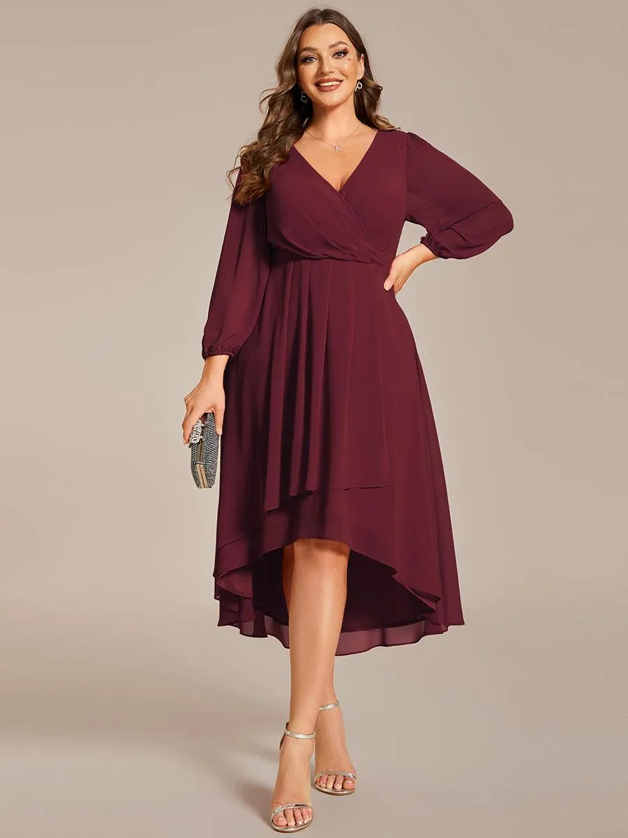 Grande Taille Robe invité de mariage mi-longue manches longues ourlet asymétrique