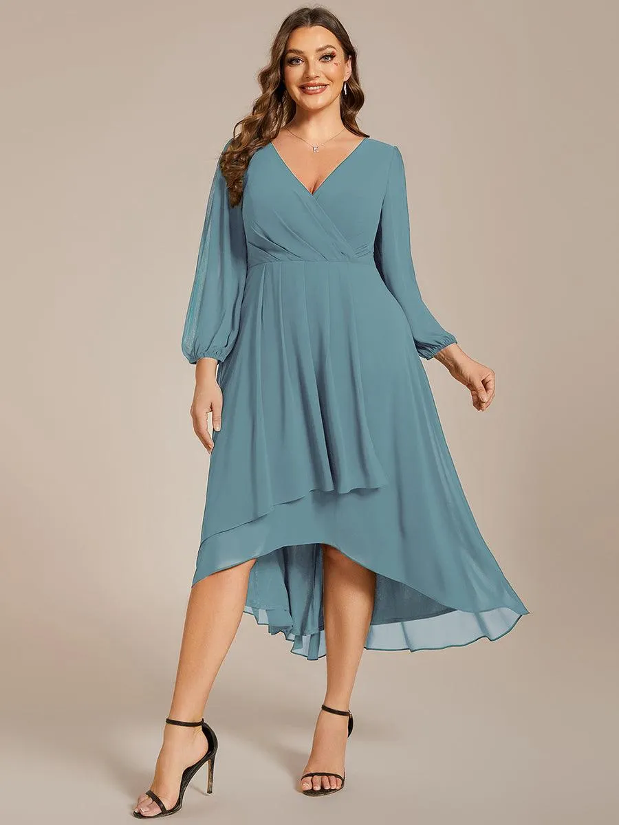Grande Taille Robe invité de mariage mi-longue manches longues ourlet asymétrique