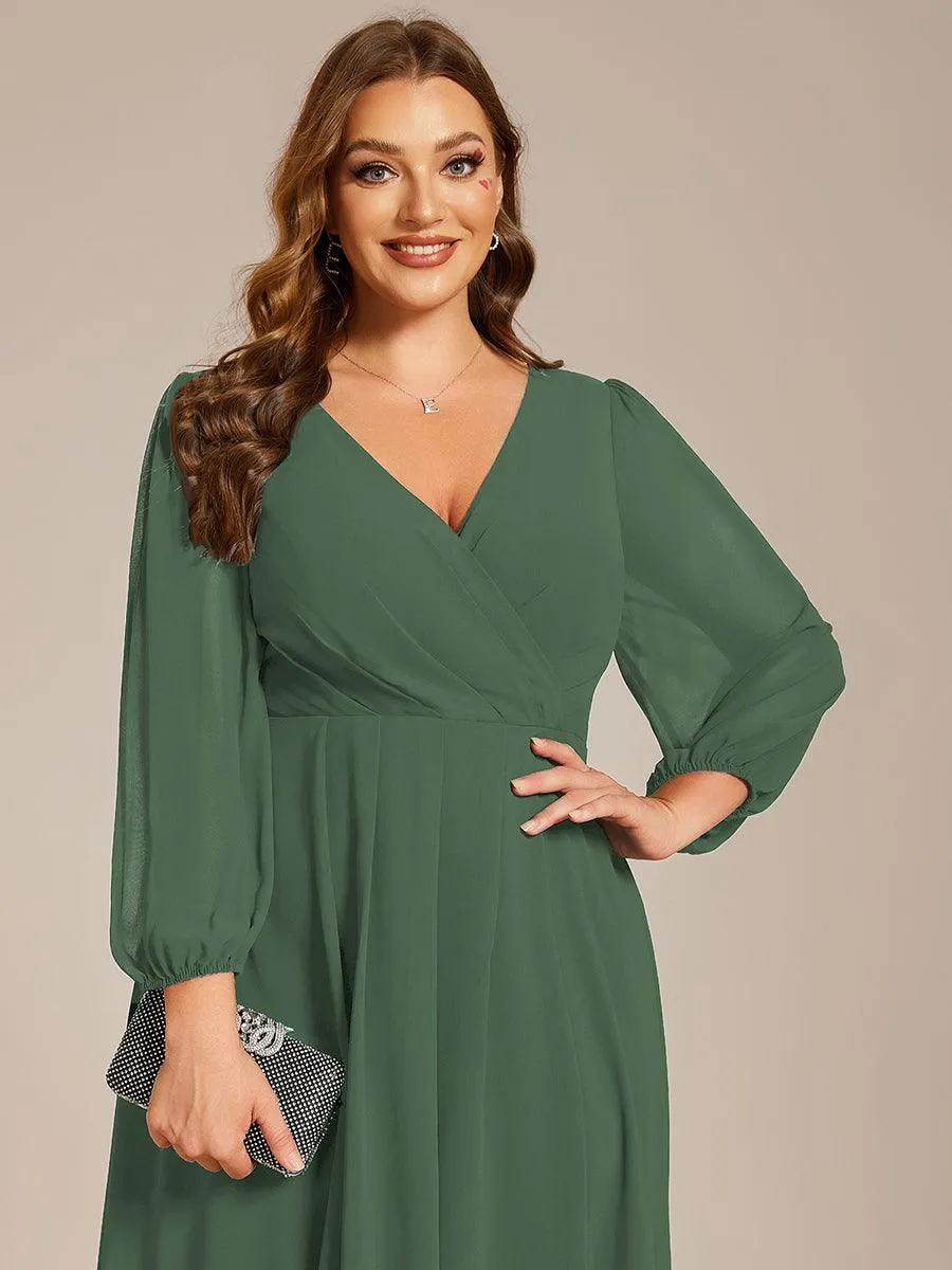 Grande Taille Robe invité de mariage mi-longue manches longues ourlet asymétrique