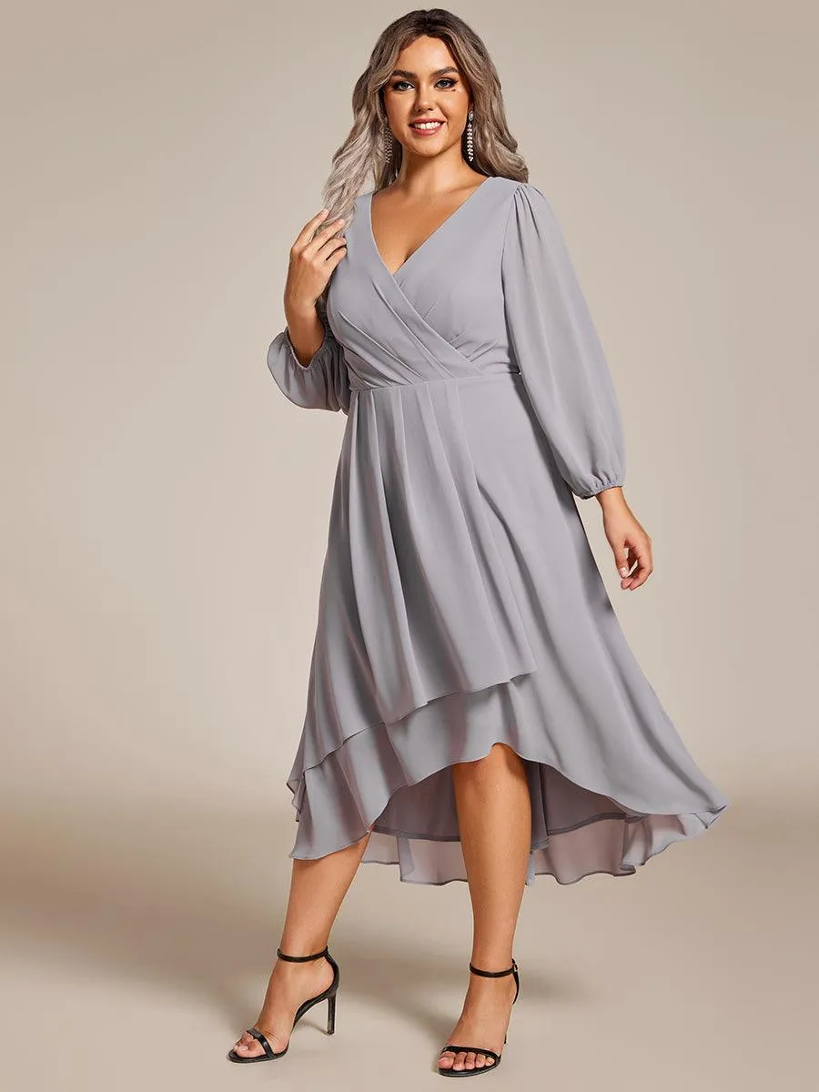 Grande Taille Robe invité de mariage mi-longue manches longues ourlet asymétrique