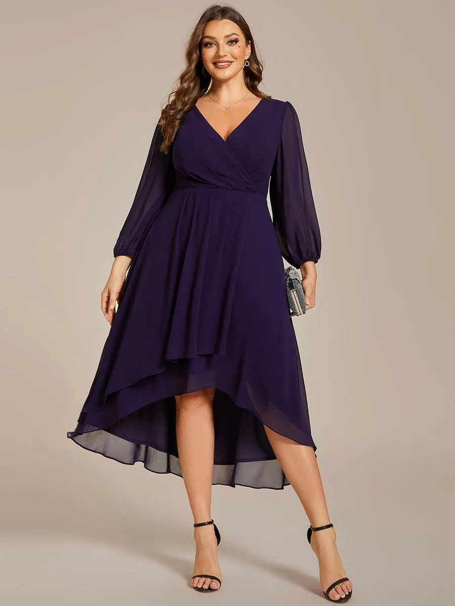 Grande Taille Robe invité de mariage mi-longue manches longues ourlet asymétrique