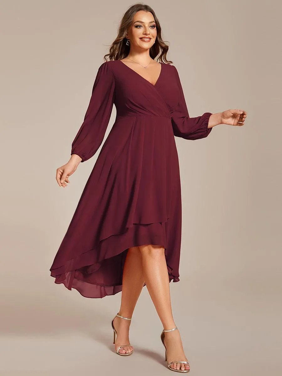 Grande Taille Robe invité de mariage mi-longue manches longues ourlet asymétrique