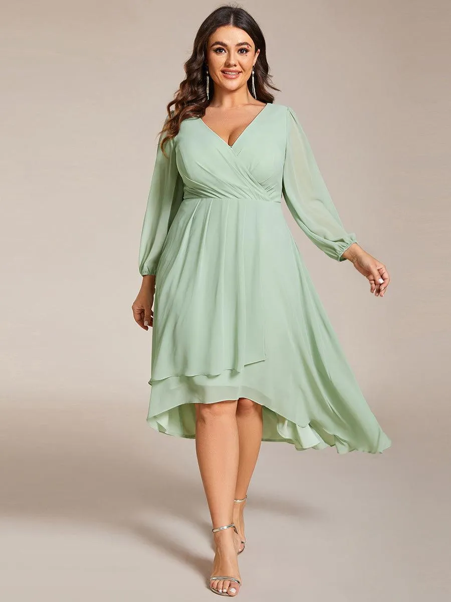Grande Taille Robe invité de mariage mi-longue manches longues ourlet asymétrique