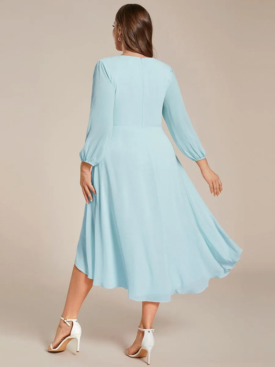 Grande Taille Robe invité de mariage mi-longue manches longues ourlet asymétrique