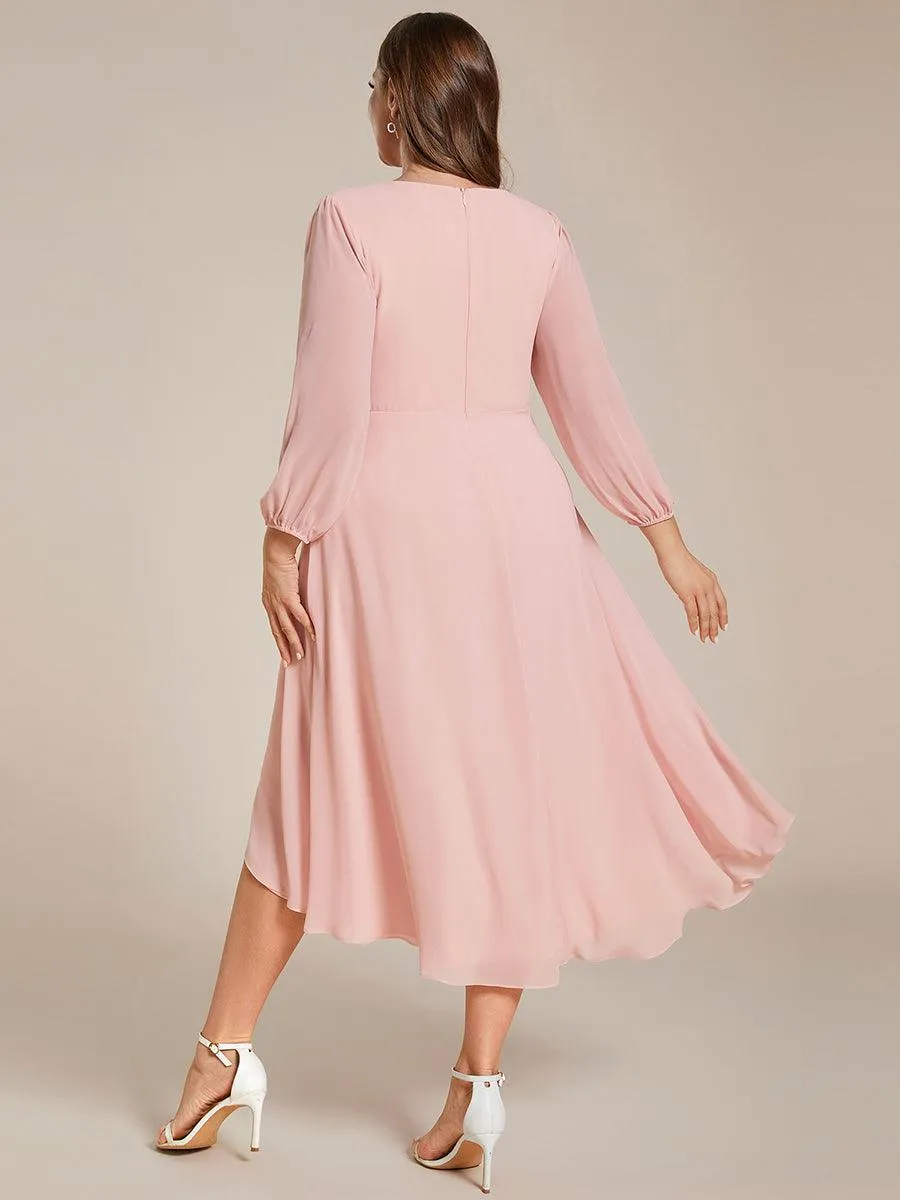 Grande Taille Robe invité de mariage mi-longue manches longues ourlet asymétrique
