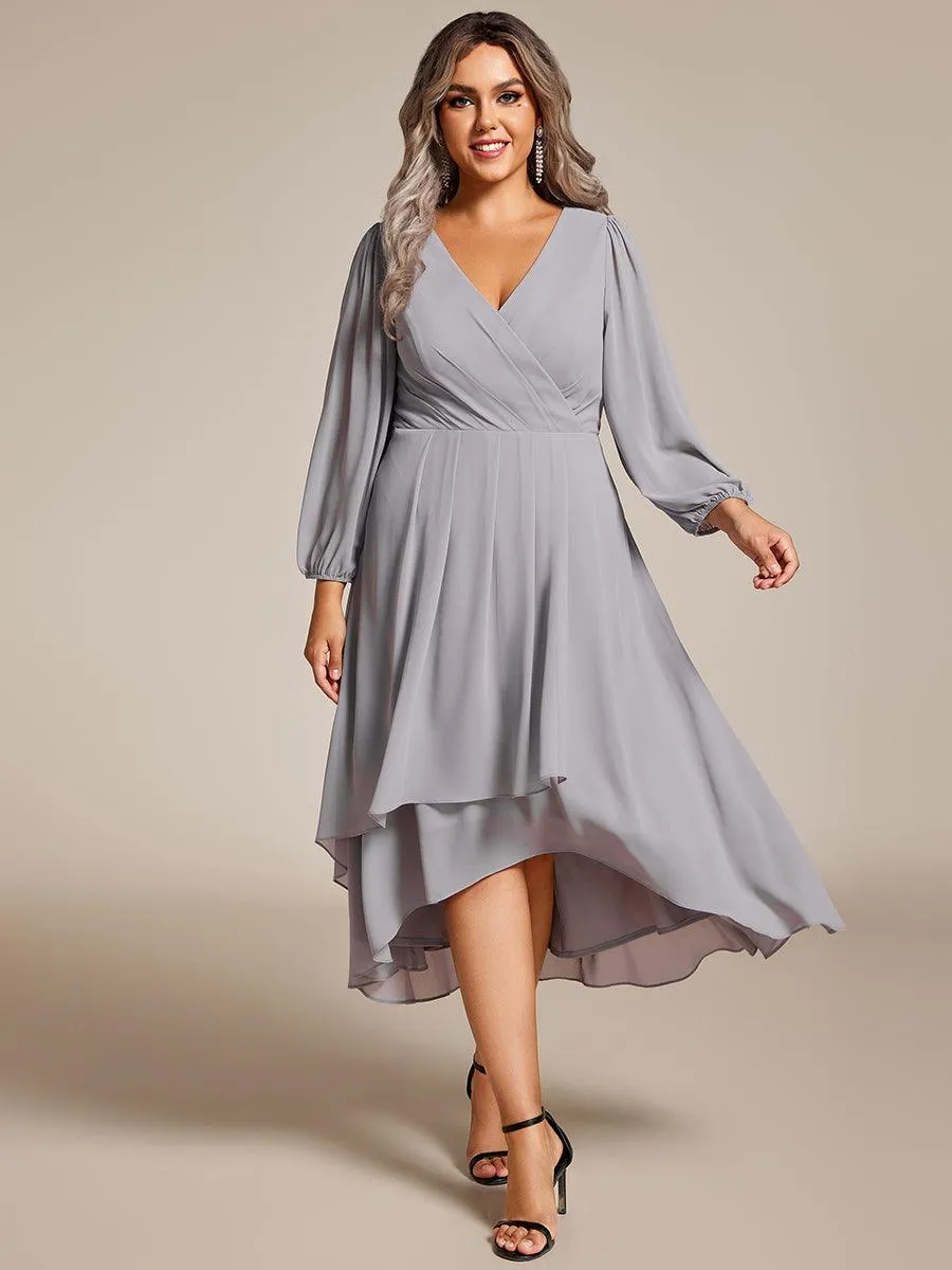 Grande Taille Robe invité de mariage mi-longue manches longues ourlet asymétrique