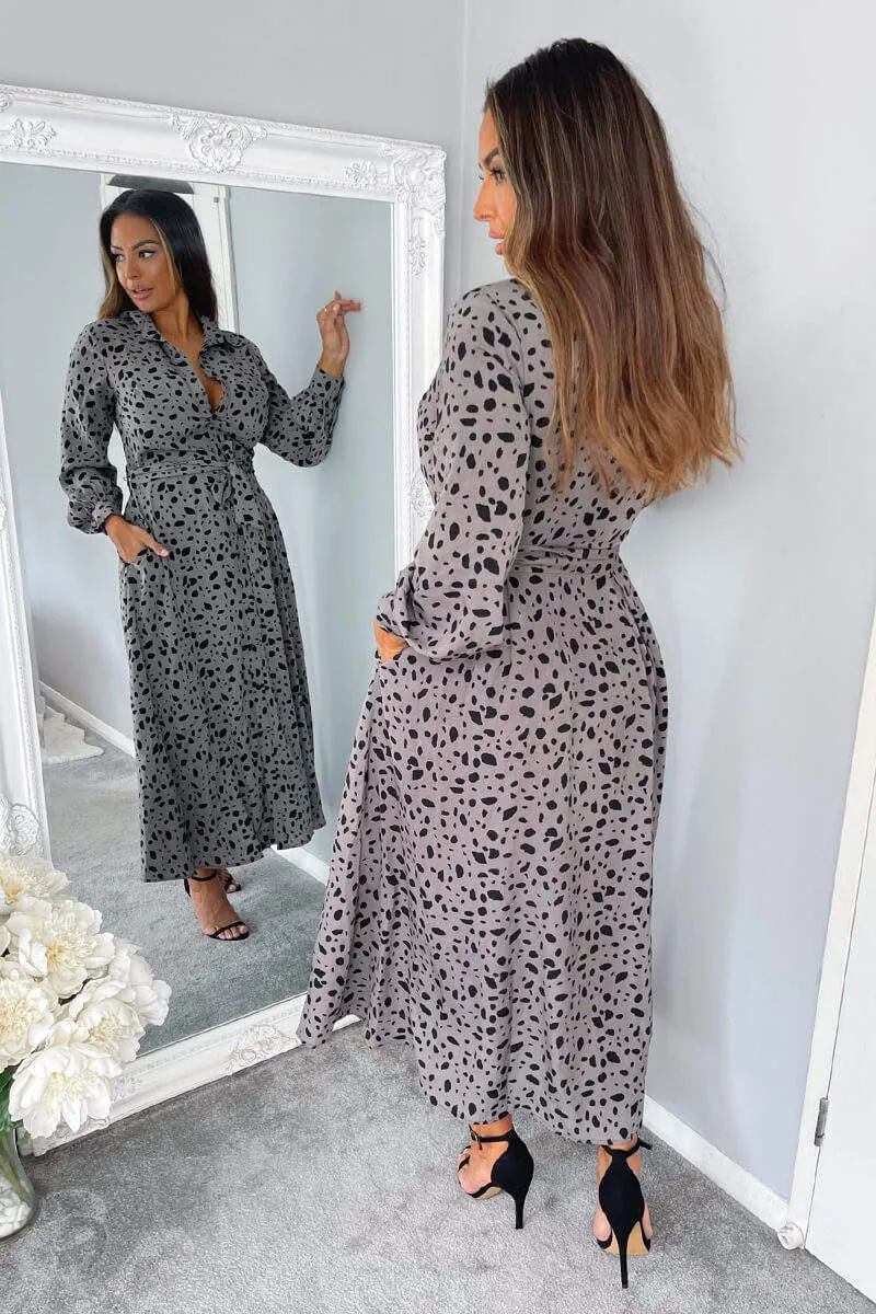 Grey Printed Button Up Midi Dress