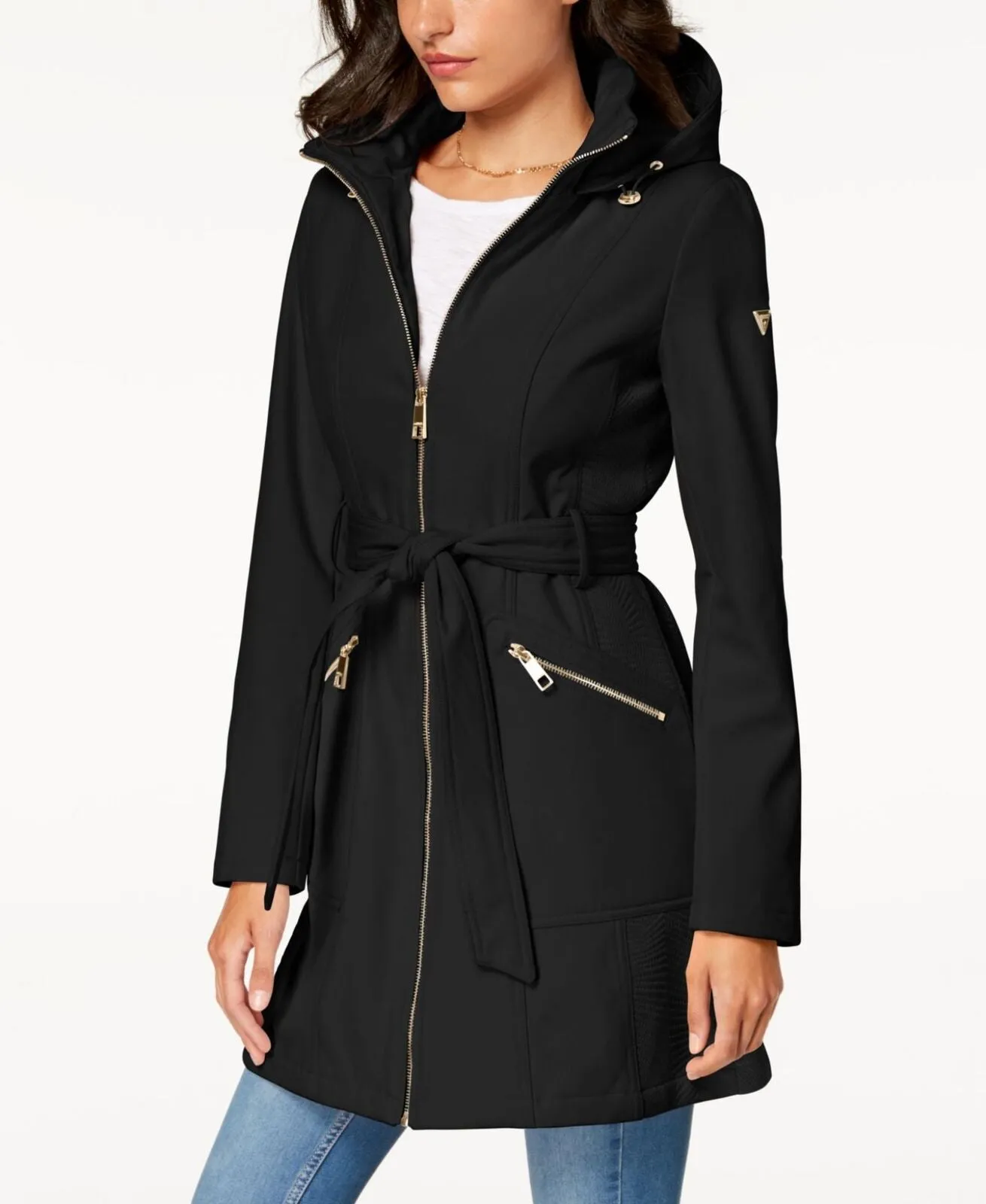 Guess Womens Belted Softshell Jacket with Hood 16710941b64ffa Deep Black L