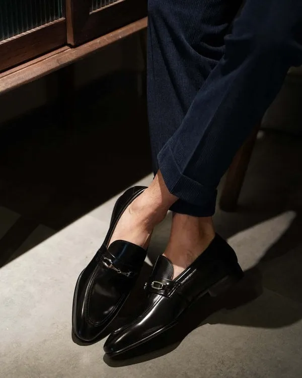 Handmade Black Leather Tassel Loafers – Elegant Dress Shoes for Men