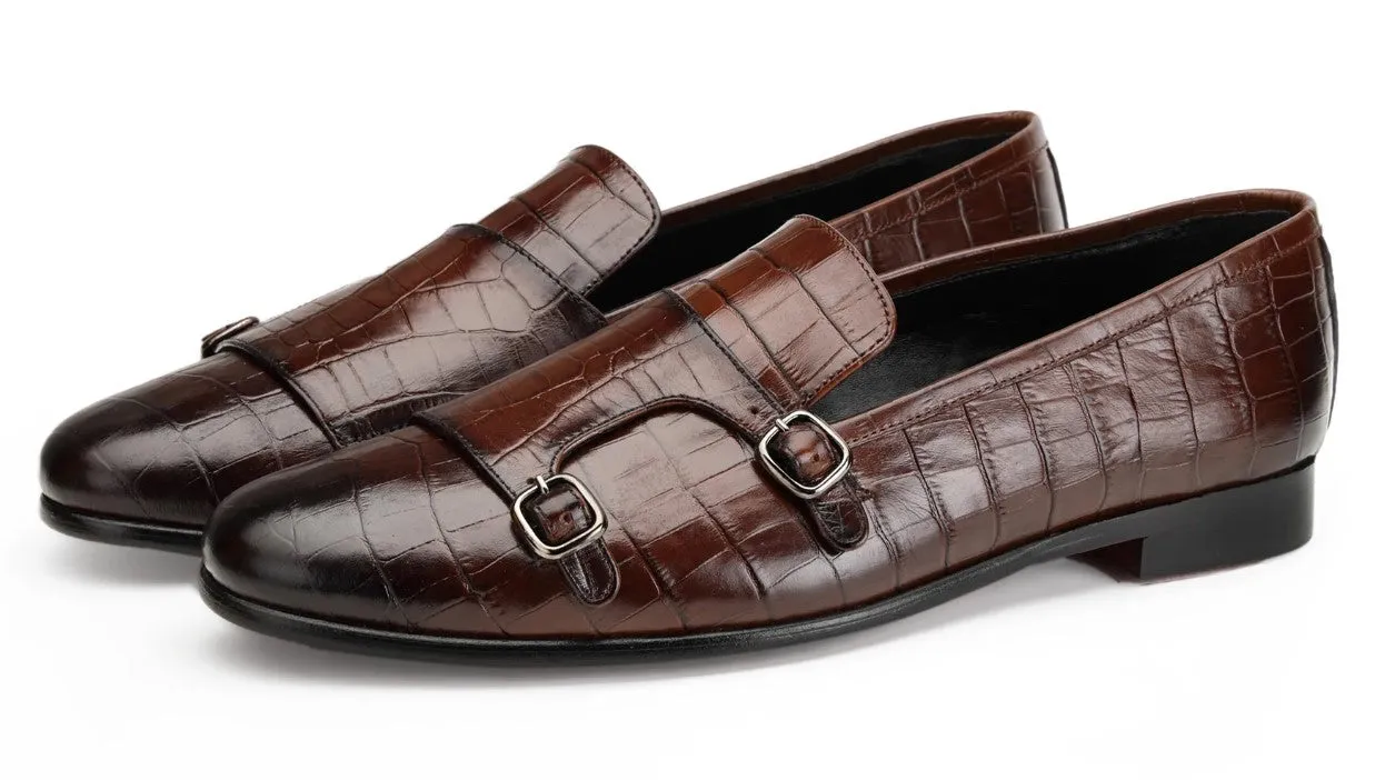 Handmade Brown Double Buckle Penny Loafer for Men