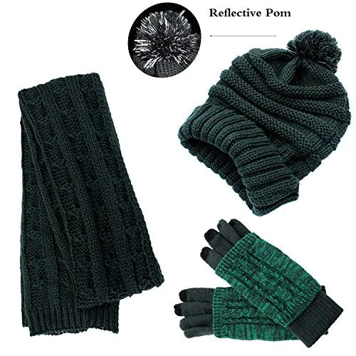 Hat Glove Scarf Set Women, 3 in 1 Beanie Hat and Scarf Winter Set Knit Warm Winter Gift Set for Women Girls (Deep Green)