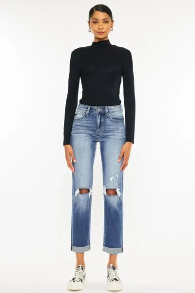 Hazel Blues® |  Kancan High Waist Distressed Hem Detail Cropped Straight Jeans