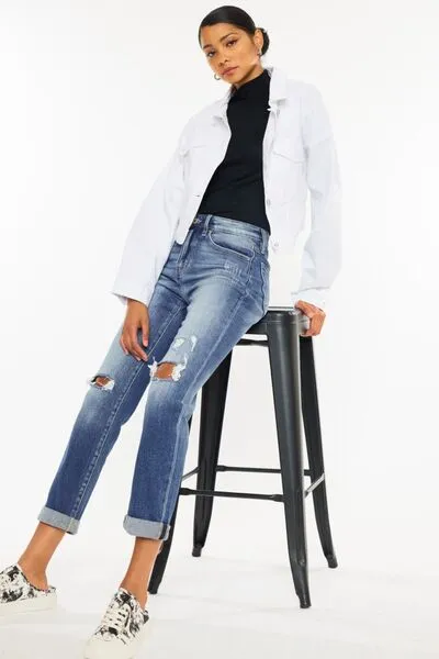 Hazel Blues® |  Kancan High Waist Distressed Hem Detail Cropped Straight Jeans