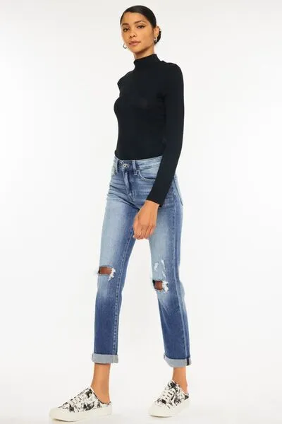 Hazel Blues® |  Kancan High Waist Distressed Hem Detail Cropped Straight Jeans