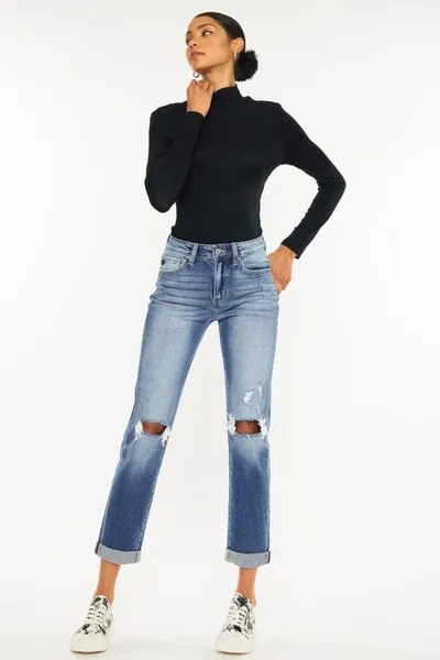 Hazel Blues® |  Kancan High Waist Distressed Hem Detail Cropped Straight Jeans