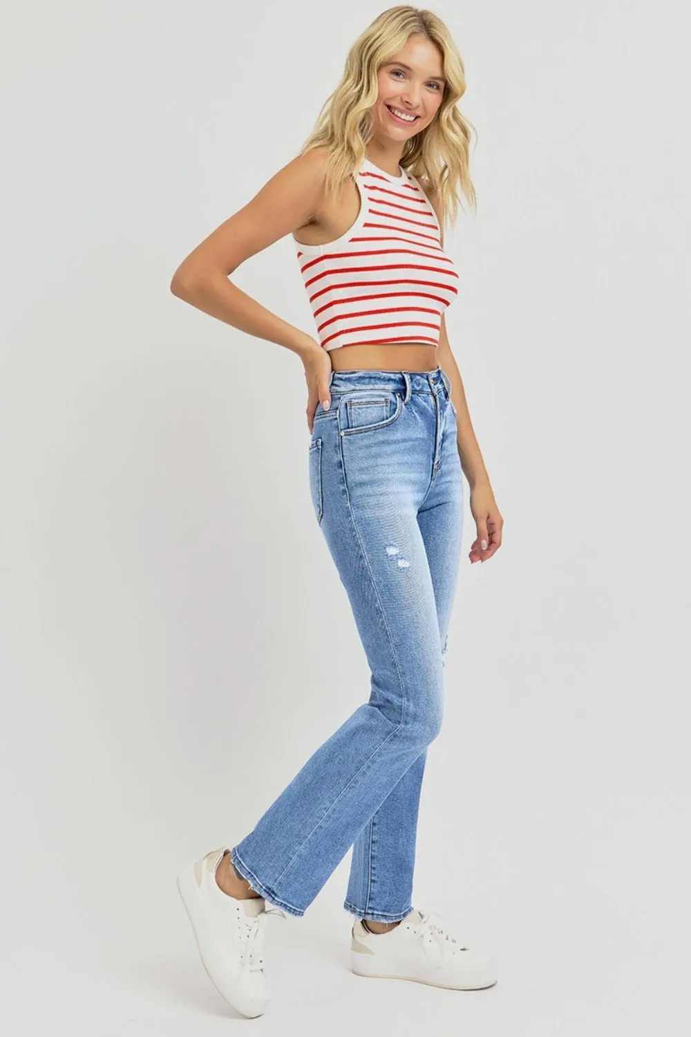 Hazel Blues® |  RISEN Distressed High-Rise Ankle Straight Jeans