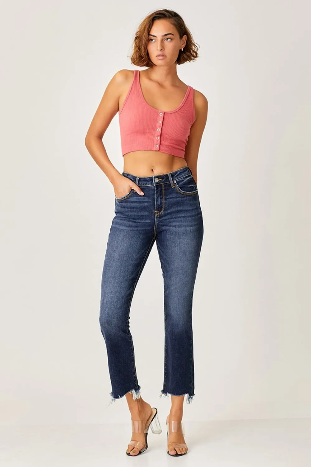 Hazel Blues® |  Risen Frayed Hem Cropped Straight Jeans