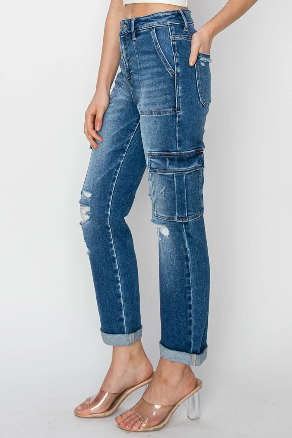 Hazel Blues® |  RISEN High Rise Cargo Ankle Roll Up Straight Jeans