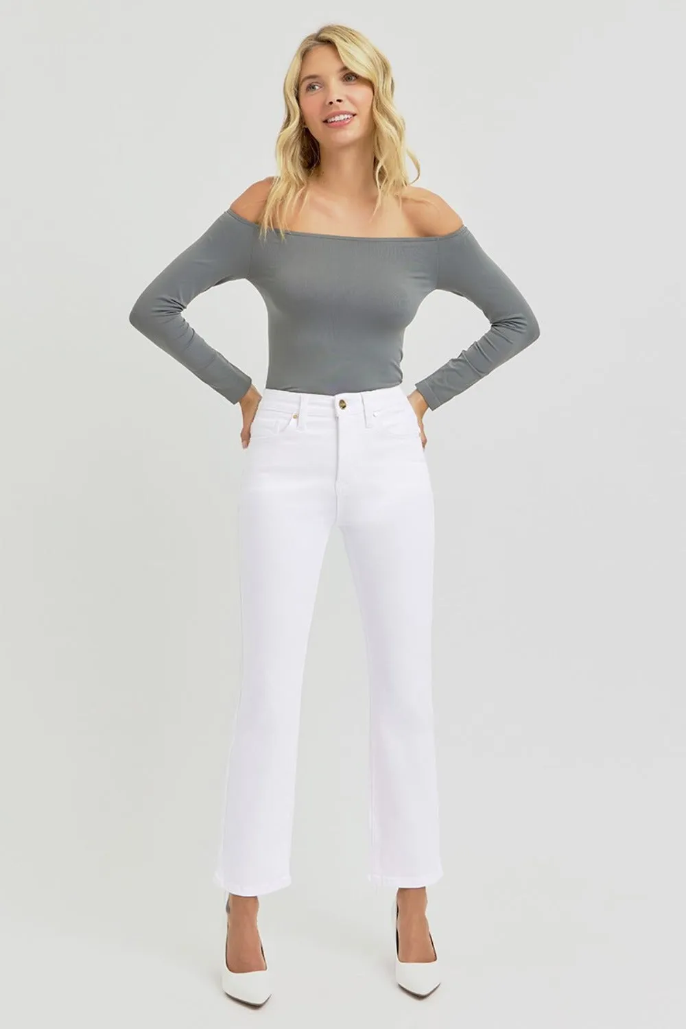 Hazel Blues® |  RISEN Tummy Control Elastic Band High Rise Crop Straight Jeans