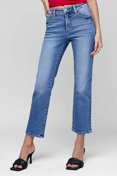 Hazel Blues® | RISEN Tummy Control High Rise Crop Straight Jeans