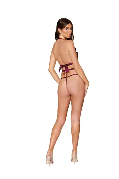 Hella Raw 3pc Skimpy Bralette Waist Belt & G-string Burgundy O/s
