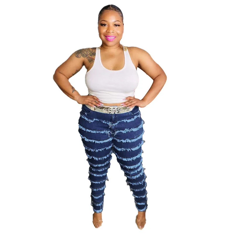 Hem Stitching Plus Size High Waist Jeans Women's Pencil Jeans