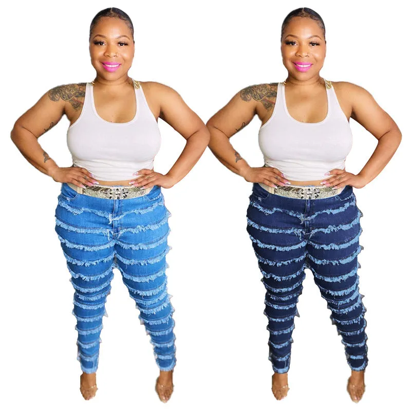 Hem Stitching Plus Size High Waist Jeans Women's Pencil Jeans