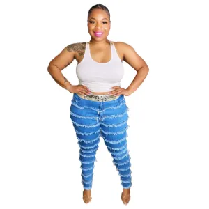 Hem Stitching Plus Size High Waist Jeans Women's Pencil Jeans