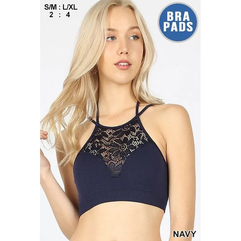 High neck lace cutout bralette with bra pads
