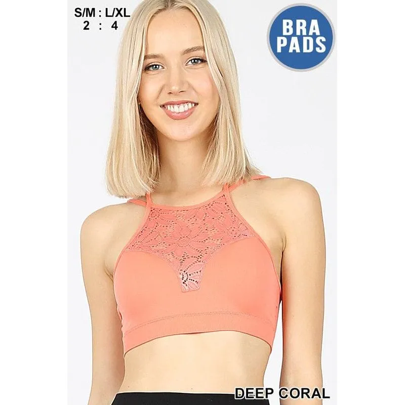 High neck lace cutout bralette with bra pads