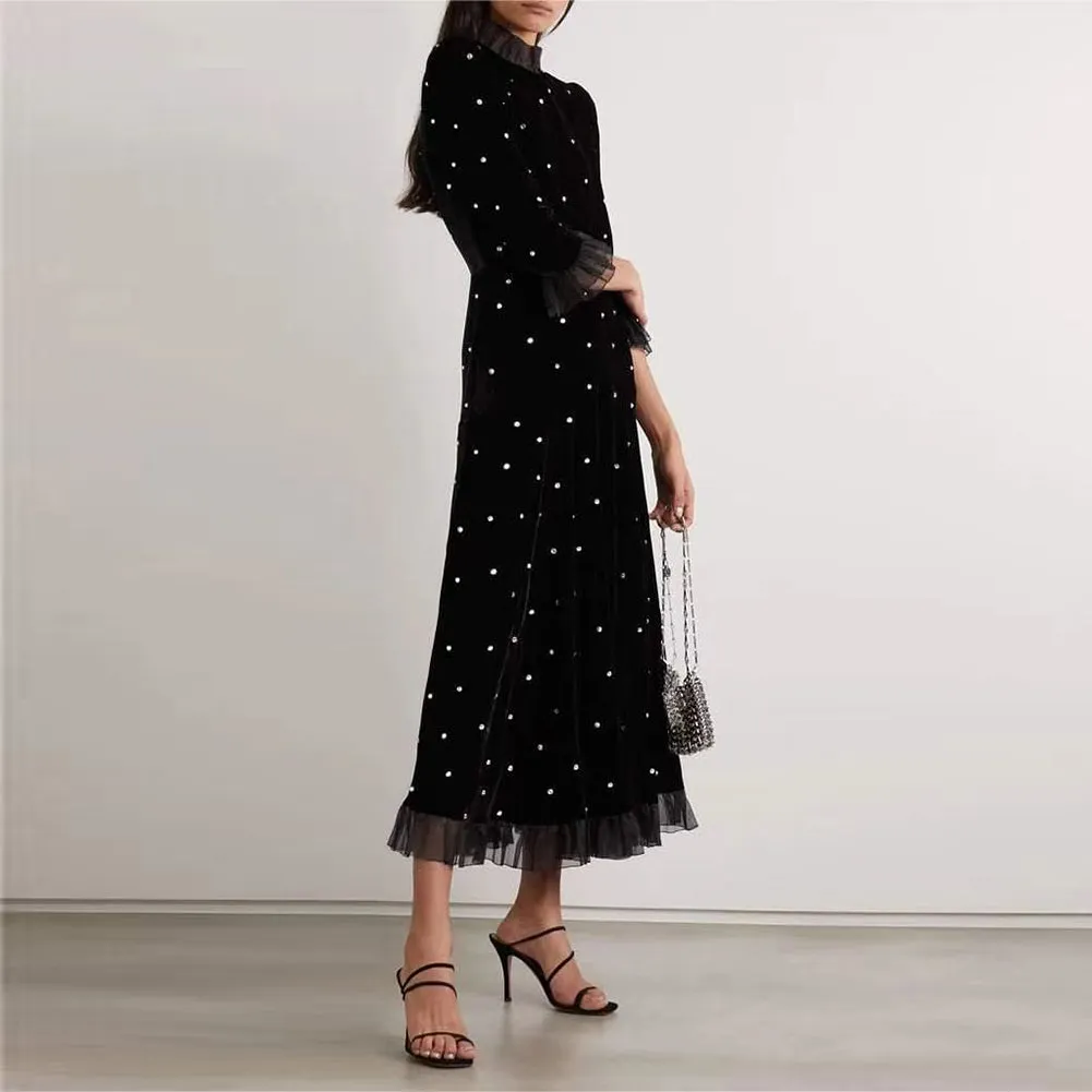 High Neck Long Sleeve Plain Midi Dress KLYF1076