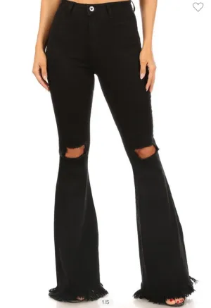High rise black distressed flare denim