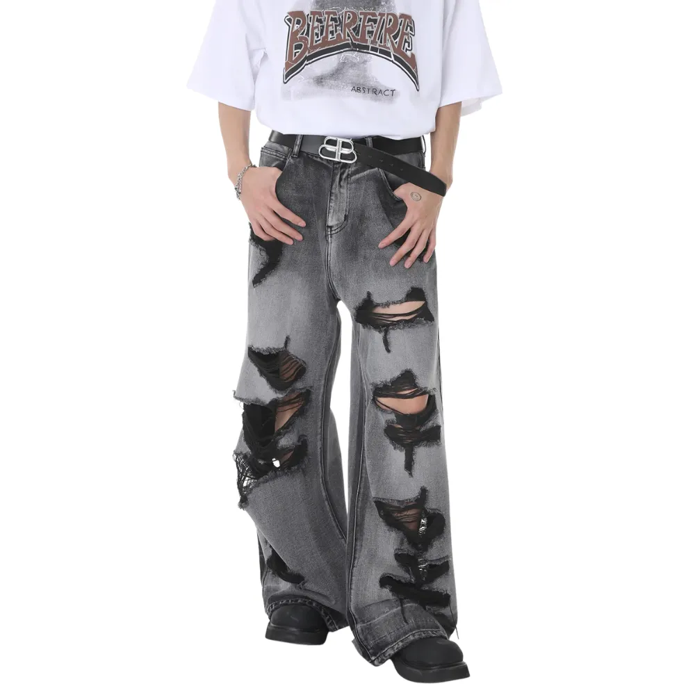 High Street Irregular Ripped Baggy Jeans