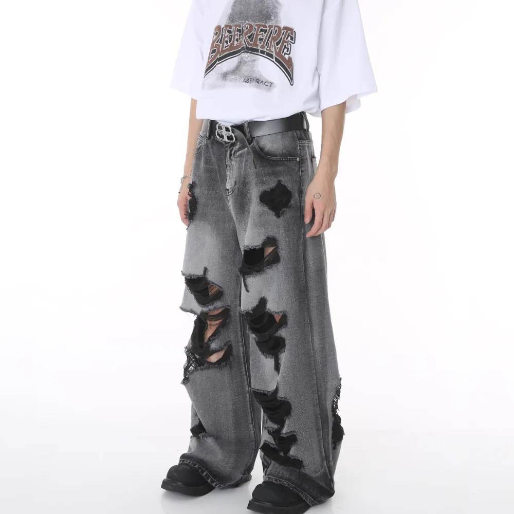 High Street Irregular Ripped Baggy Jeans