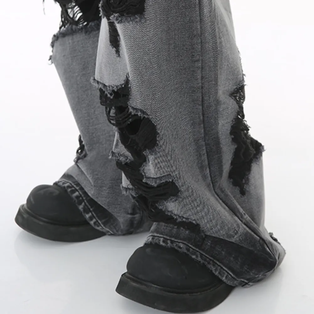High Street Irregular Ripped Baggy Jeans