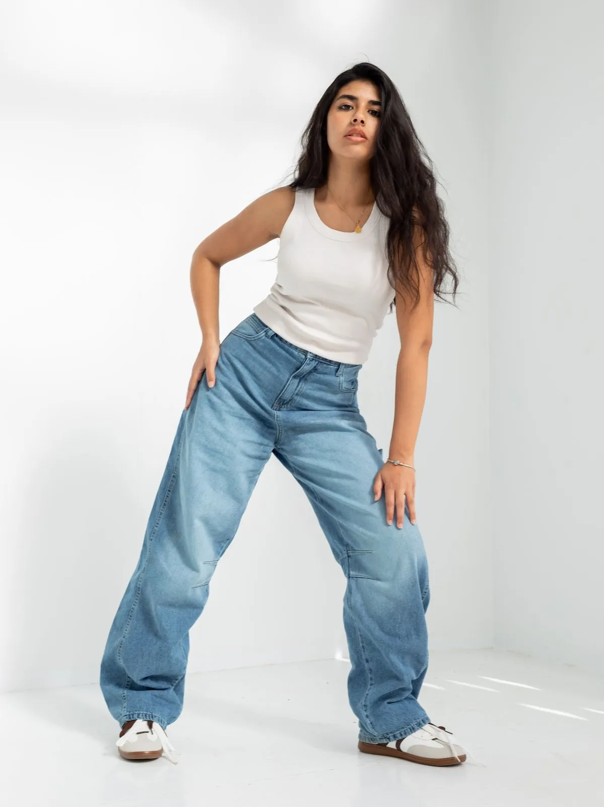 High Waist Medium Blue Wash Baggy Jeans