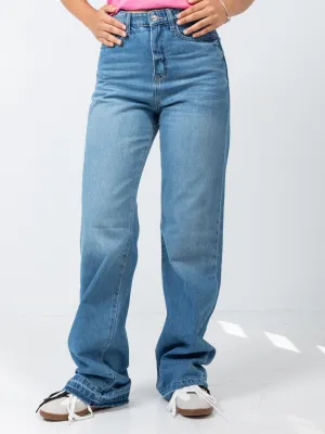 High Waist Medium Blue Wash Straight Jeans