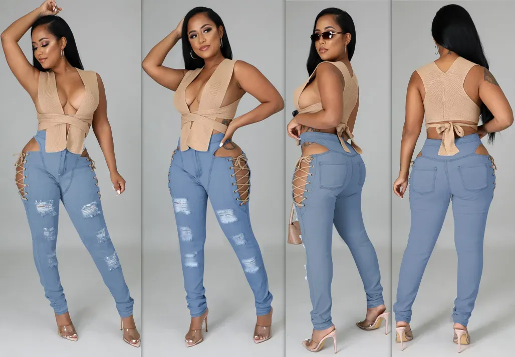 High Waist Ripped Cut Out Skinny Jeans